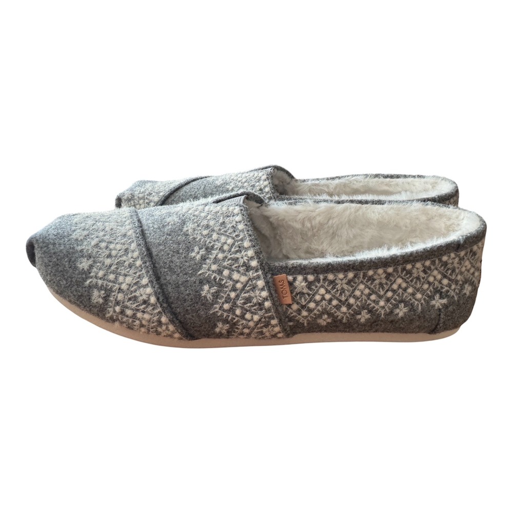 TOMS Alpargata Women's Grey Marled Felt Faux Fur Embroidered Shoes Size 11 NWT